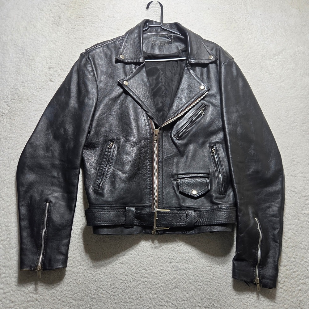 Vintage 70s Empire Leather Jacket Mens L Black Biker Moto Belted Punk Rock Goth